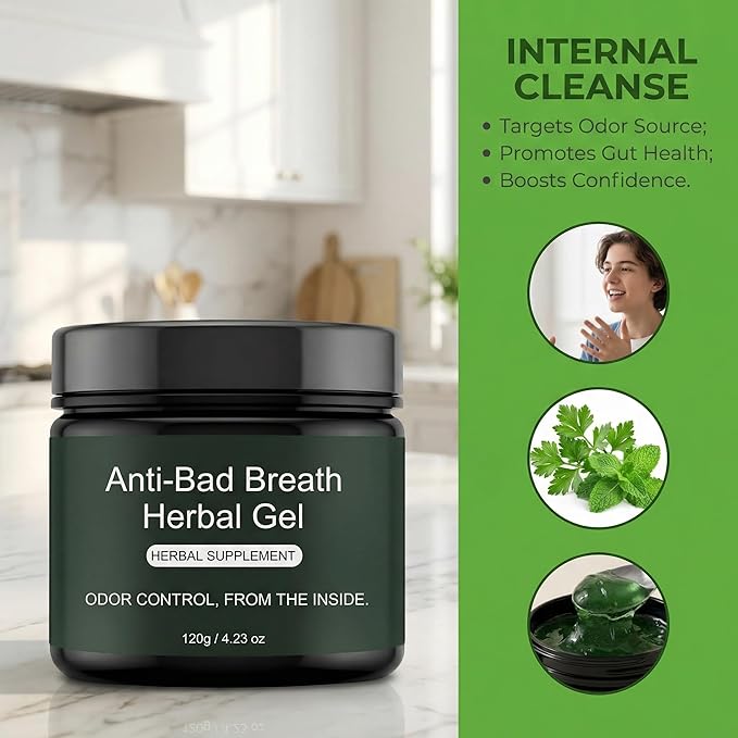 Anti-Bad Breath Herbal Gel Supplement Internal Freshening Formula with Parsley Green Tea Lemon Balm Clove Bud Oil Peppermint Oil &amp Chlorophyllin Natural Mint Flavor (1PCS)