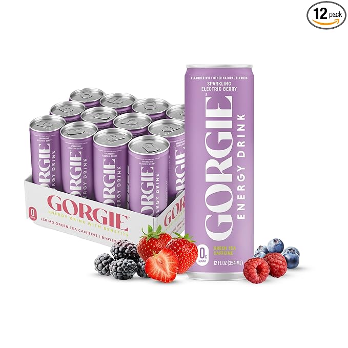GORGIE Sugar Free Natural Energy Drinks Wild Berry (12 Pack) - Healthy Energy Drinks - Natural Coffee Replacement with Green Tea Caffeine and Biotin - 150mg Caffeine Vegan &amp Low Calorie