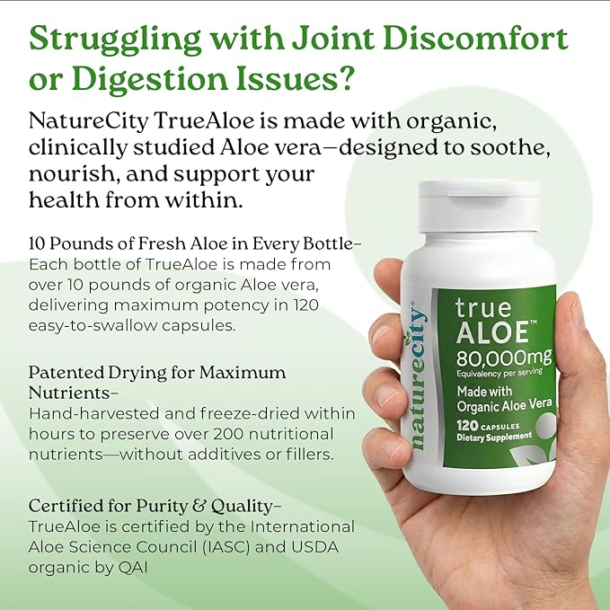 NatureCity True-Aloe Per Serving– Made with Organic Aloe Vera (720 Capsules) Digestive Skin and Joint Support|Small Easy-to-Swallow Pills