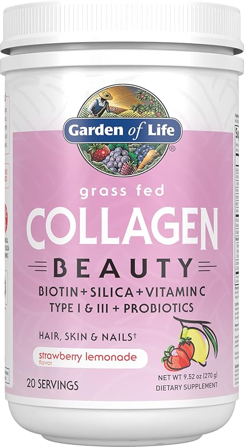 Garden of Life Grass Fed Collagen Beauty - Strawberry Lemonade 20 Servings Powder for Women Men Hair Skin Nails Hydrolyzed Collagen Peptides Protein Powder Supplement