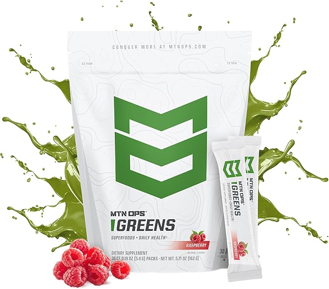 MTN OPS Greens Superfood Drink Mix Daily Greens Powder with Super Greens Chlorophyll Digestive and Immune Support Raspberry Flavor 30 On The Go Stick Packs