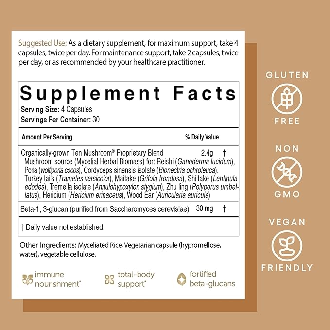 EcoNugenics Ten Mushroom Supplement: Daily Immune Support 120 Capsules – Lion’s Mane Reishi Cordyceps Turkey Tail – Energy Gut Health Liver Kidney Cholesterol &amp Nootropic Brain Support