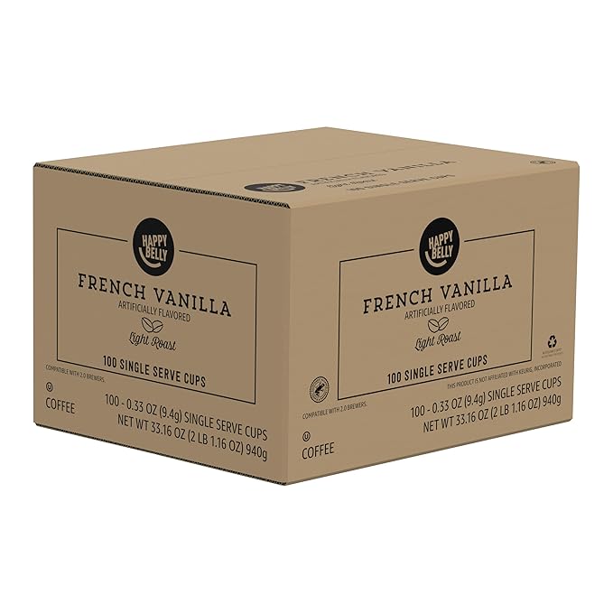 Amazon Brand - Happy Belly Light Roast Coffee Pods French Vanilla Flavored Compatible with Keurig 2.0 K-Cup Brewers 100 Count