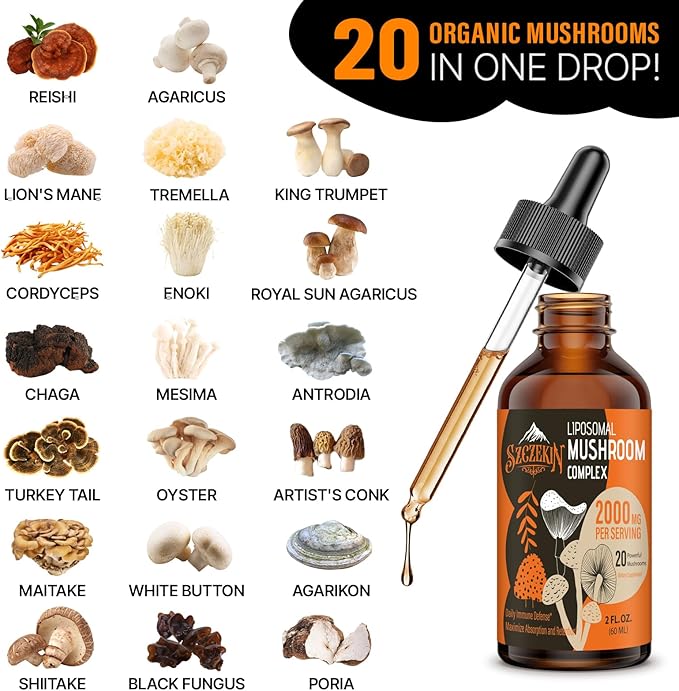 Liposomal Mushroom Complex Drops 2000 MG - 20 Organic Mushroom Extracts - Advanced Liquid Formula for Immunity Cognitive and Memory - Lions Mane Supplement Reishi Cordyceps Chaga 60 Servings