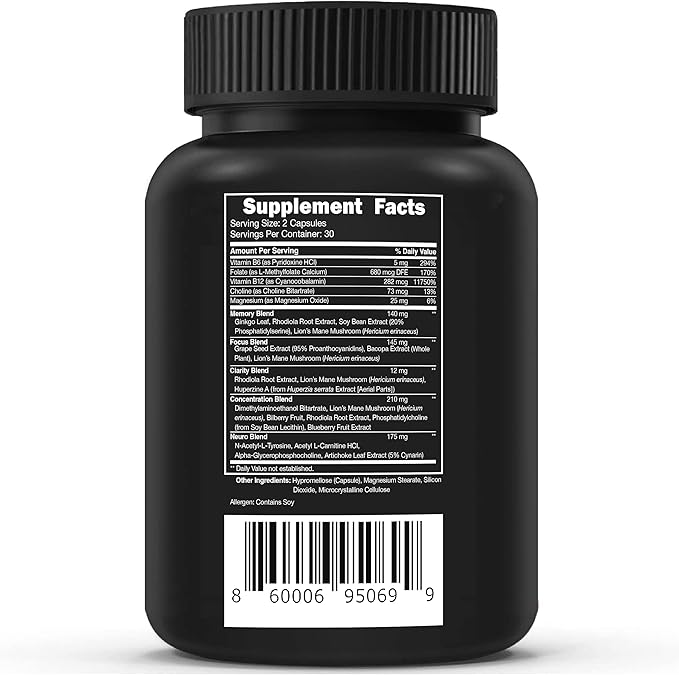 Vital Vitamins Nootropic Brain Supplement Plus - for Memory Focus Concentration Neuro Energy Clarity - with Lion's Mane Mushrooms - 60 Capsules