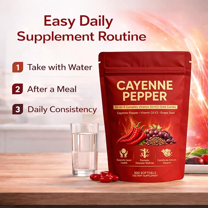 Cayenne Pepper Softgels Organic Cayenne Pepper Capsules with Vitamins D3 K2 Grape Seed Beet Root Capsaicin Supplements Supports Heart and Blood Vessel Health Non-GMO 300 Softgels