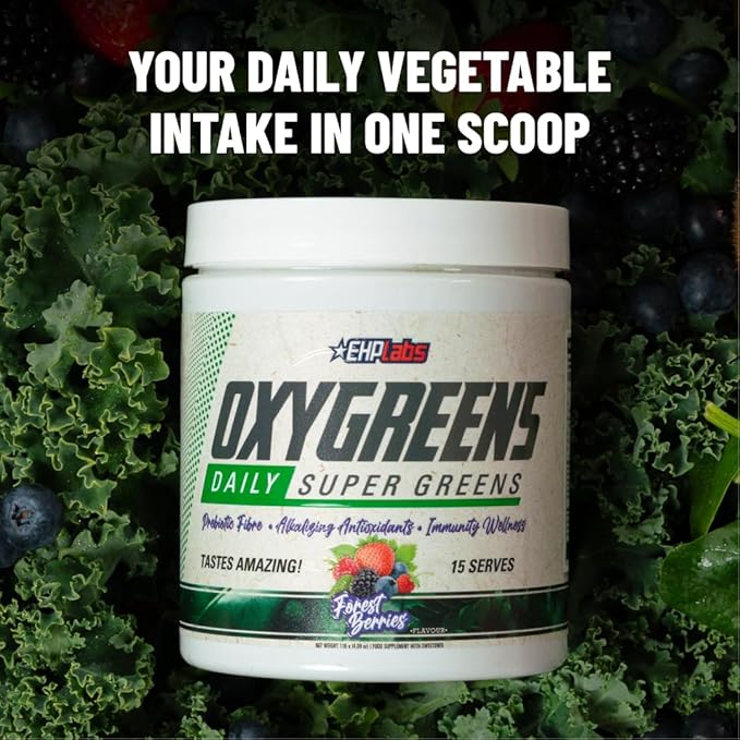 EHP Labs OxyGreens Super Greens Powder with Spirulina &amp Chlorella Prebiotic Fiber Probiotics &amp Digestive Enzymes – Antioxidant Green Superfood Supplement - 15 Servings (Forest Berries)