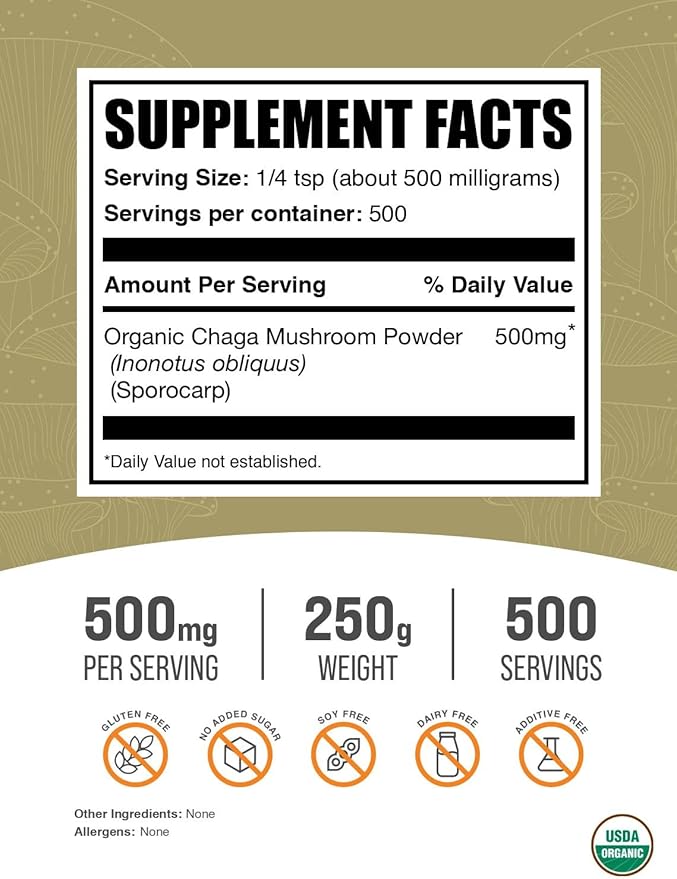 BulkSupplements.com Organic Chaga Mushrooms Powder - Chaga Mushroom Supplement Superfood Supplement - Vegan &amp Gluten Free 500mg per Serving 250g (8.8 oz) (Pack of 1)