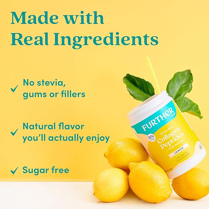 Further Food Lemon Collagen Peptides Powder - 100% Grass-Fed Hydrolyzed Type 1 &amp 3 20g of Collagen per Serving Supports Skin Hair Nails &amp Joints 10.5 Oz
