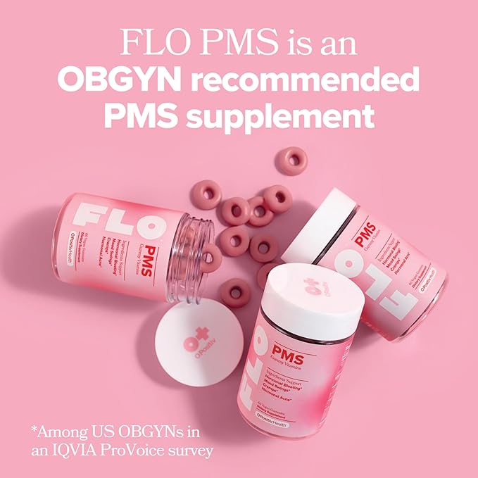 O Positiv FLO PMS Gummies for Women - Proactive PMS Relief - Targets Hormonal Breakouts Bloating Cramps &amp Mood Swings with Chasteberry Vitamin B6 &amp Lemon Balm - PMS Gummies (Pack of 1)