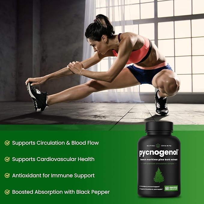 NutraChamps Pycnogenol French Maritime Pine Bark Extract Premium Circulation Complex Blood Flow Nitric Oxide Production Superior Absorption Results with Black Pepper Extract 60 Capsules