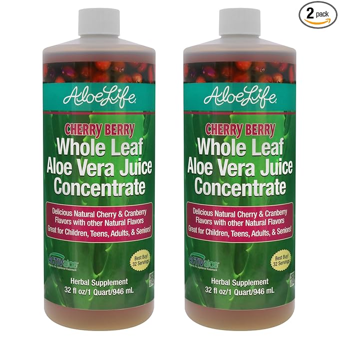Aloe Life - Whole Leaf Aloe Vera Juice Organic Gluten-Free (Cherry Berry 32 oz) | 2-Pack