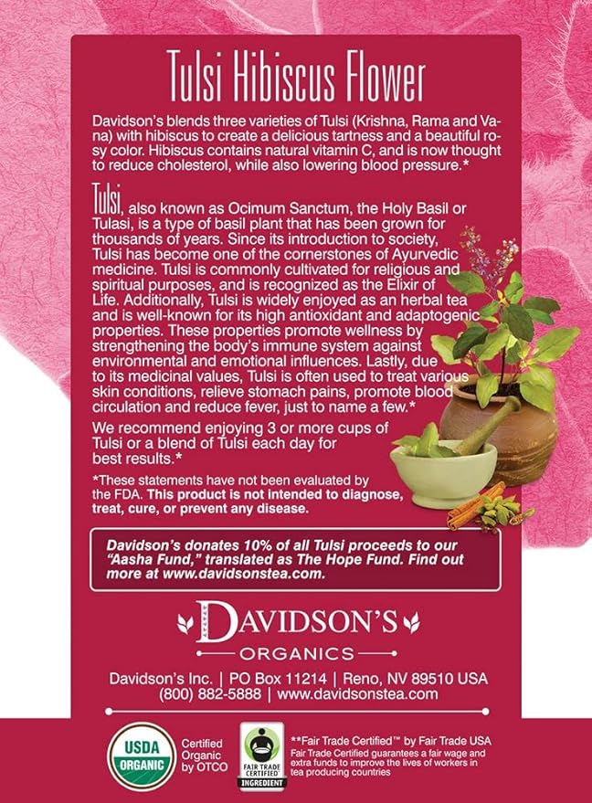 Davidson's Organics Tulsi Hibiscus Flower 8-count Tea Bags Pack of 12
