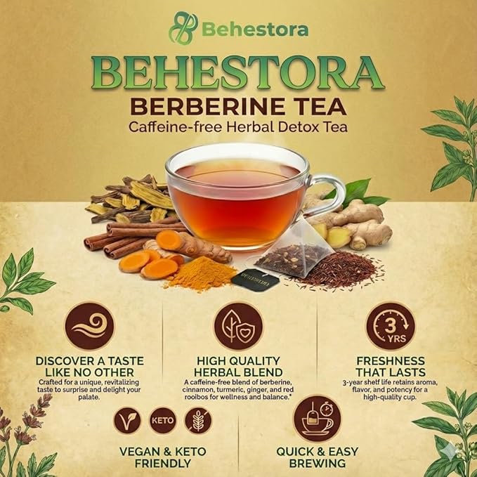 Behestora Berberine Tea is a caffeine-free - Herbal Detox Tea crafted with a blend berberine - cinnamon - turmeric - ginger - red rooibos - 15 Bags
