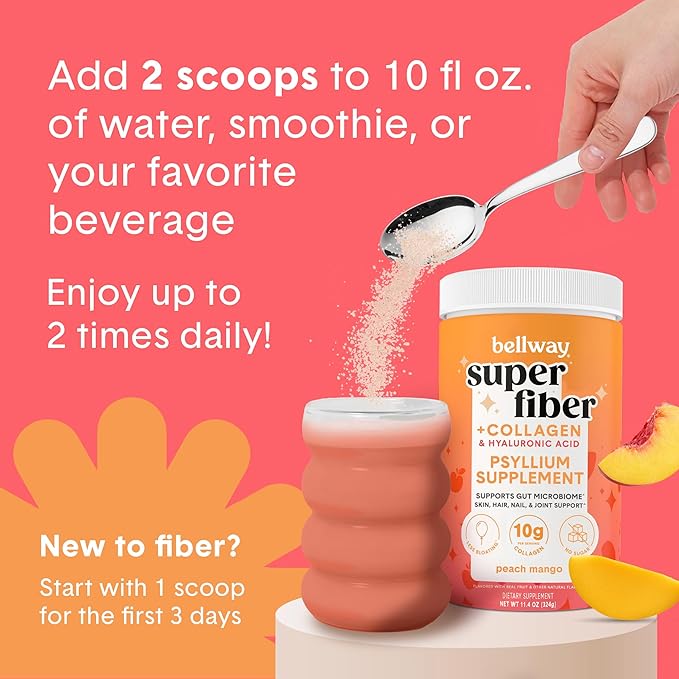Bellway Super Fiber Powder + Collagen Sugar-Free Psyllium Husk Powder with Collagen Peptides and Hyaluronic Acid for Digestive Health Healthy Skin Nails Bones &amp Joints Peach Mango (20 Serving