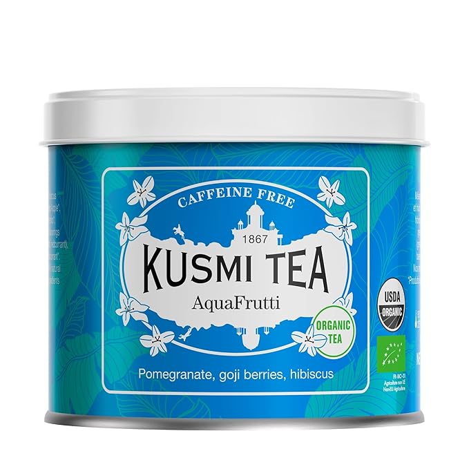 Kusmi Tea - AquaFrutti - Organic Blend of Hibiscus Pomegranate Apple Blackcurrant &amp Goji Berries - Caffeine Free Tea - Enjoy Hot or Iced - Loose Leaf Tea - Tin Box of 3.5 oz for about 50 cups