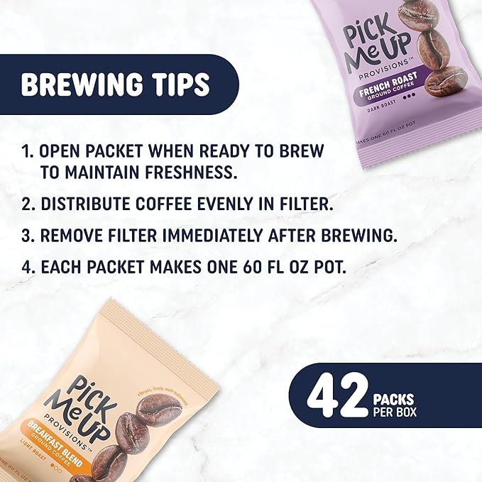 Pick Me Up Provisions French Roast Coffee Fraction Packs Dark Roast Ground Coffee Single‑Serve Fraction Packets 42 Count Carton Bold Flavor Coffee for Office Breakroom