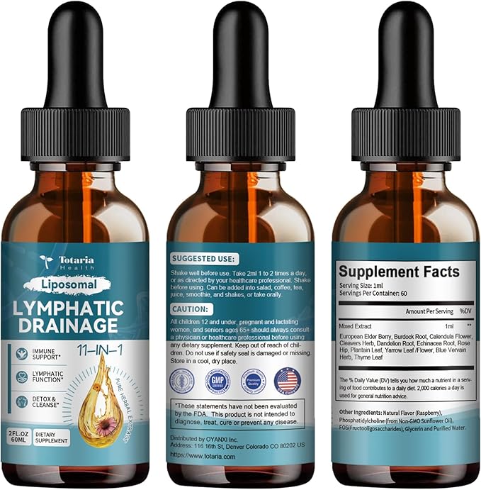 Liposomal Lymphatic Drainage Drops - 11 In 1 Organic Lymphatic Drainage Supplement with Burdock Root Echinacea Elderberry Calendula Cleavers Herb Dandelion Supports Lymphatic Health 2 FL.OZ