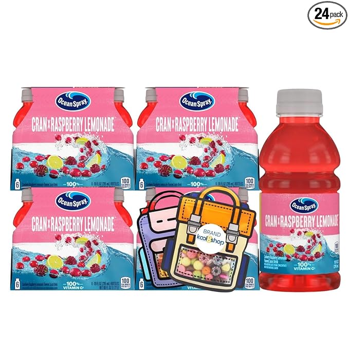 Ocean Spray Cran Raspberry Lemonade Fruit Juice Drink 10 fl oz Plastic Bottles 24 Pack + 2 Reusable Snack Bags by KOOL8SHOP Infinite Deals