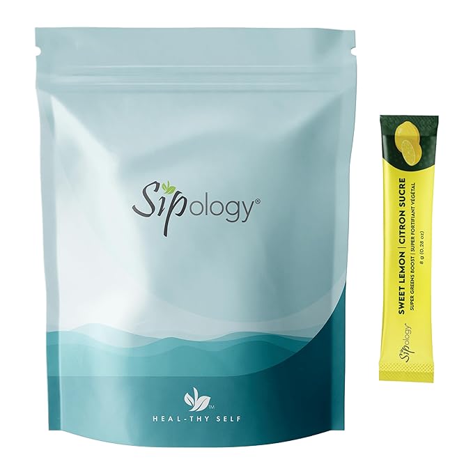 Sipology: Super Greens Boost - Sweet Lemon - 10 Stick Pack Superfoods-Vitamins-Minerals-Nutrients Mix Powder w/Water-Smoothies-Protein Shakes
