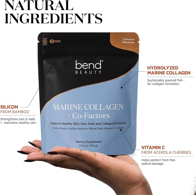 Bend Beauty Marine Collagen + Co-Factors | Coconut Flavored Collagen Powder | Hydrolyzed Collagen Supplement | Fish Collagen Peptides + Silicon + Vitamin C | Supports Healthy Skin Hair and Nails