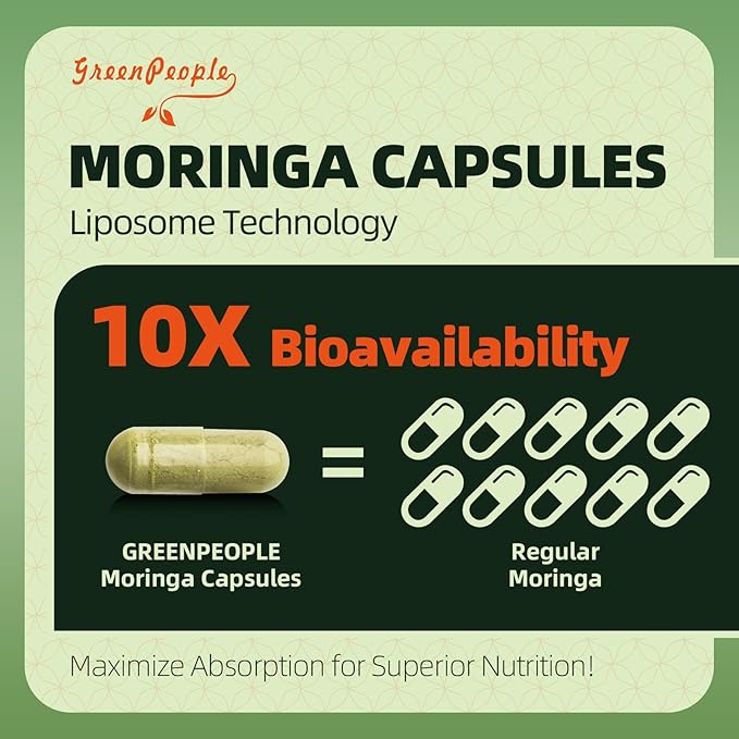 GREENPEOPLE Whole-Leaf Moringa Capsules 1500mg - High Potency 10:1 Moringa Oleifera Leaf Extract - Natural Green Superfood for Energy &amp Immune Support - Vegan Non-GMO Caffeine Free - 180 Count