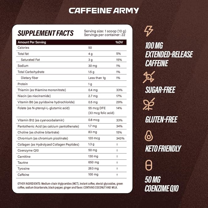 CAFFEINE ARMY Cappuccino | Functional Coffee with Collagen Peptides MCTs CoQ10 and Adaptogens: Clean Energy Supports Daily Attention No Jitters or Crash (13.4 oz 38 Servings)