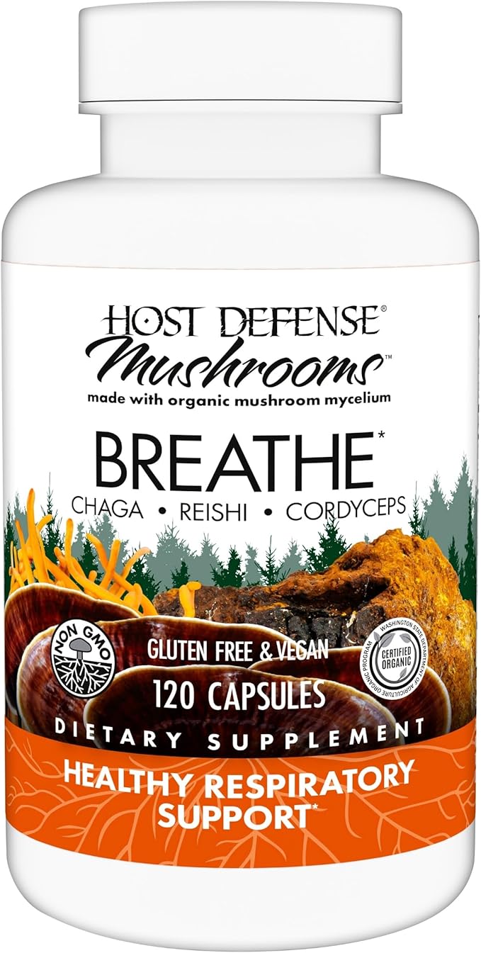 Host Defense Breathe* Capsules - Immune &amp Respiratory Support Mushroom Supplement - Herbal Lung Health Supplement with Chaga Reishi &amp Cordyceps - 120 Capsules (60 Servings)*