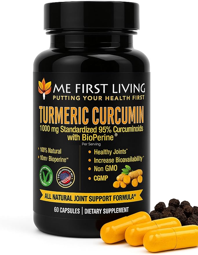 Me First Living Turmeric Curcumin 1000 mg 95% Curcuminoids Bioperine 10 mg 19x More Potent Than Others Increased Absorption Non-GMO Organic Turmeric Vegan Gluten Free 60 Capsules