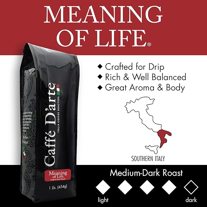 Caffe D’arte Meaning of Life Ground Coffee – Medium‑Dark Roast Well‑Balanced Classic Blend – Roasted in Seattle Ideal for Drip Brewing – 1 lb