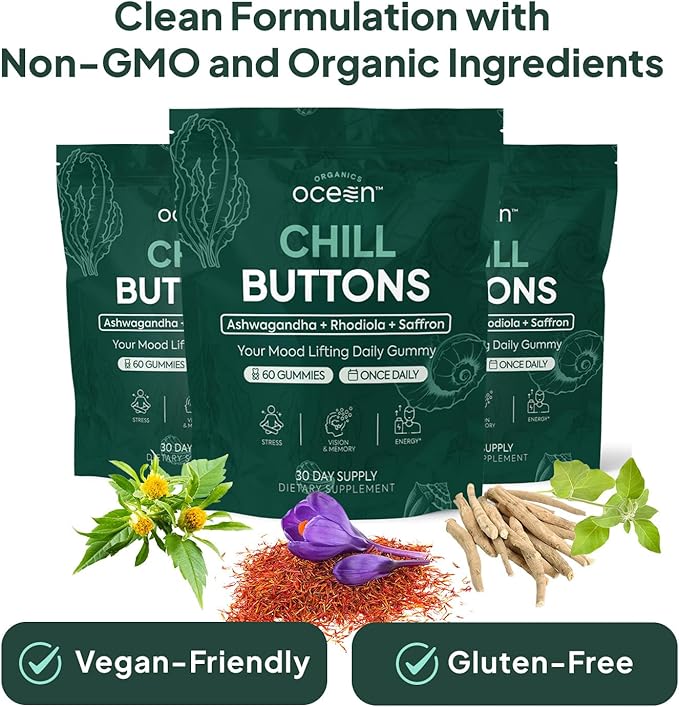 Organics Ocean Chill Buttons – Natural Ashwagandha Gummy Supplement with Organic KSM-66 Saffron &amp Rhodiola Rosea – Supports Relaxation Mood Focus &amp Energy - 6-Pack 360 Count