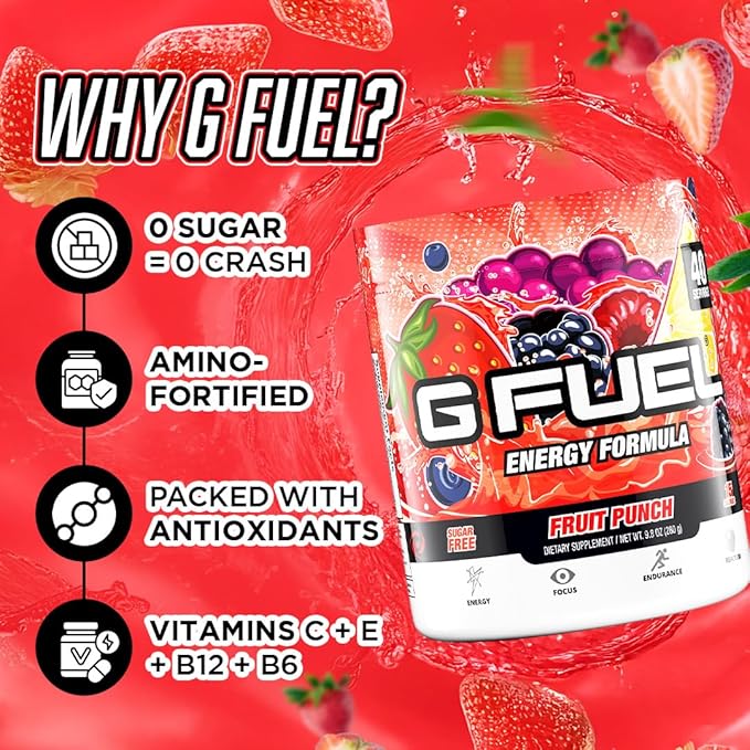 G Fuel Fruit Punch Energy Drink Powder Pre Workout Caffeine Mix for Gaming Sugar Free Focus Amino Vitamin + Antioxidants 9.9oz (Fruit Punch 40 Servings)