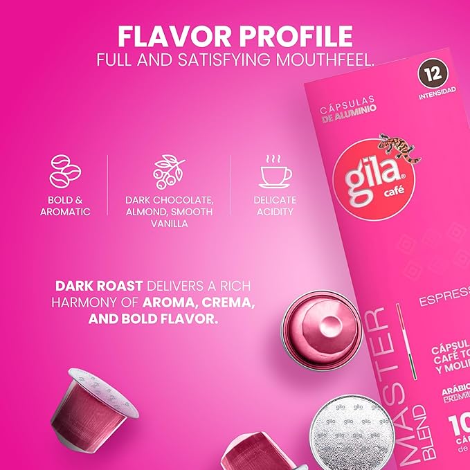 GILA Café Master Blend Aluminum Coffee Capsules – Dark Roast Espresso Pods Compatible with Nespresso Original Machines – Mexican Arabica Blend with Chocolate &amp Vanilla Notes 10 Count