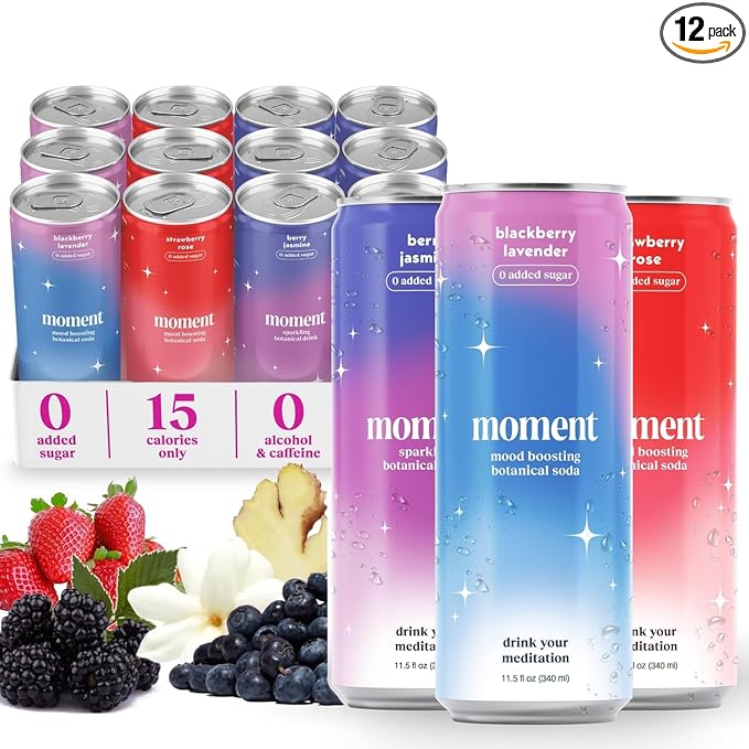 Moment Botanical Soda Soft Drink (Shark Tank) - SPARKLING Drinks | Berry Blast | L-Theanine &amp Ashwagandha for Calm &amp Clarity | 0 Added Sugar 0 Caffeine | 12-pack