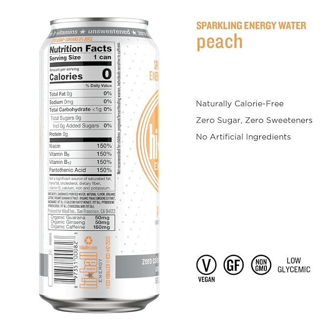 Hiball Energy Sparkling Water Peach 16 Ounce (Pack of 12)