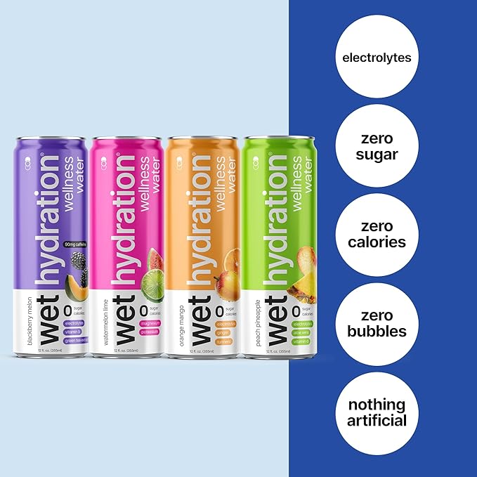 Wet Hydration | Functional Wellness Water Non-Carbonated - Trial Pack (12 Ounce Cans Pack of 4) - Flavored Water Hydration Drink No Sugar No Artificial Ingredients Zero Calories (Packaging May V