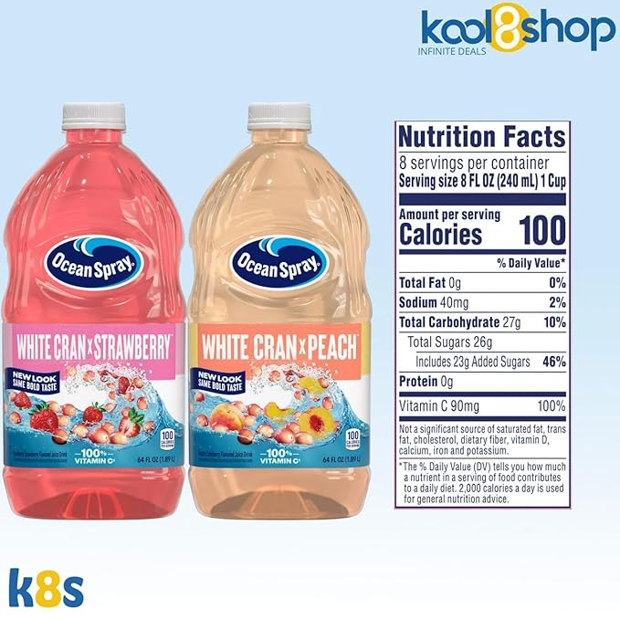 Ocean Spray White Cran Strawberry and White Cran Peach Juice Drink 64 fl oz Plastic Bottles 4 Pack + 15 Sugarcane Disposable Straws by KOOL8SHOP Infinite Deals