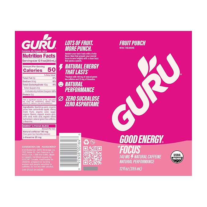GURU Fruit Punch Organic Energy Drinks Clean Energy Drink with Plant Based Natural Caffeine from Green Tea + Focus with L Theanine Gluten Free and Vegan 140MG Caffeine 12oz (Pack of 12)