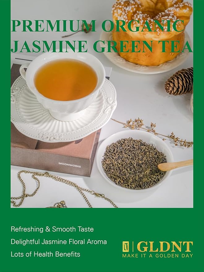 GLDNT Organic Jasmine Green Tea Organic Jasmine Green Tea Loose leaf with Delightful Aroma Delicate and smooth Flavor Hot &amp Iced Tea 16 Ounce