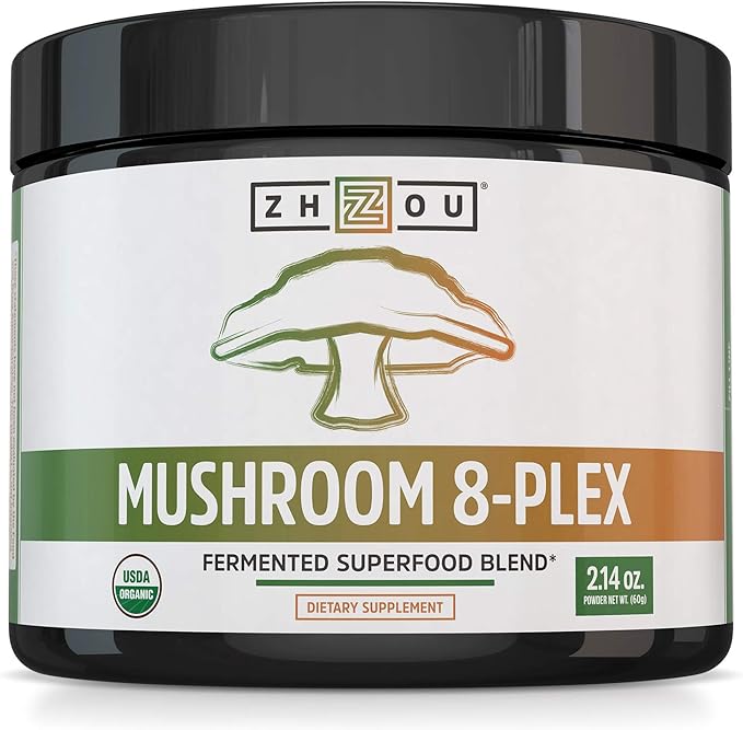 ZHOU Mushroom 8-Plex - Mushroom Supplement Powder Blend Coffee Alternative for Adults Nootropic Complex for Health with Chaga Lions Mane Reishi &amp Turkey Tail - 2.14oz (30 Servings)