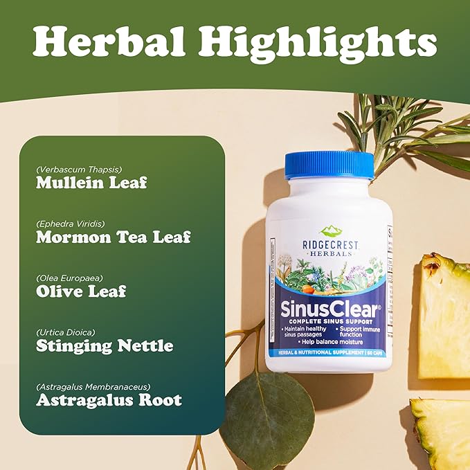 RidgeCrest Herbals SinusClear Complete Formula for Sinus and Nasal Health with Mullein Leaf Bromelain Vitamin C and Zinc for Healthy Mucus Immune &amp Respiratory Support (60 Veg Caps 30 Serv