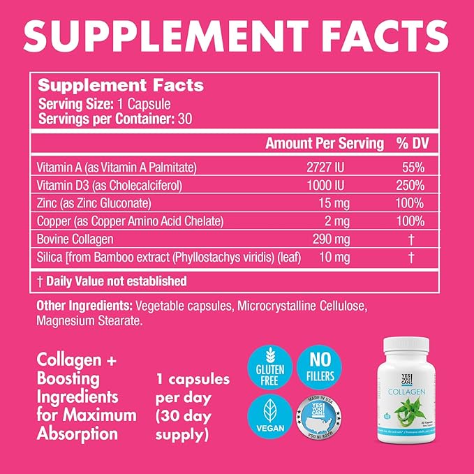 Yes You Can! Collagen Capsules for Women and Men Dietary Supplement to Promote Healthy Hair Skin and Nails 290 mg Bovine Collagen Vitamin A Vitamin D3 Zinc and Copper 30 Capsules - 4 Pack