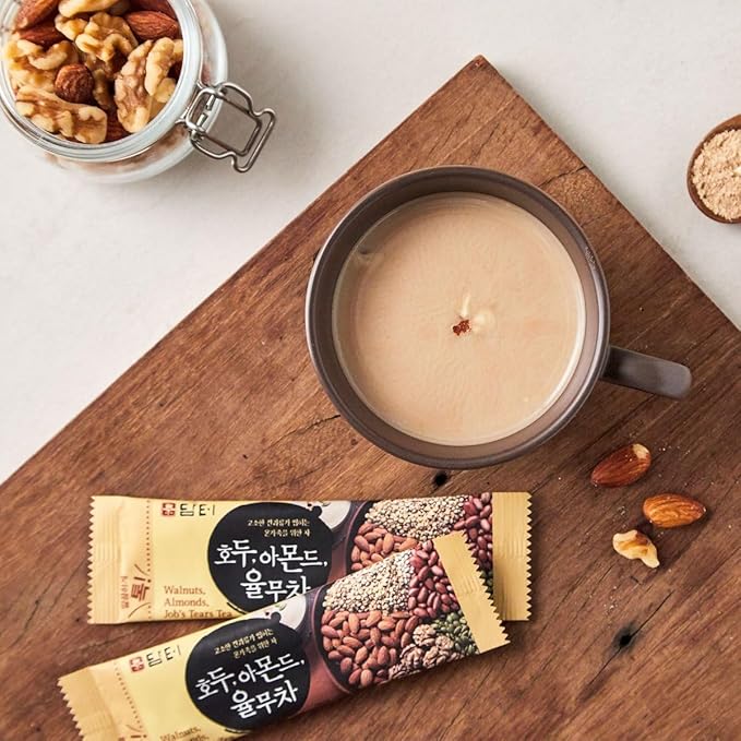 Damtuh Walnut Almond Adlay Tea Zero Sugar Drink Mix – Korean Yulmu Cha (Job’s Tears) Roasted Grain Nut Latte-Style Powder Sweetened with Stevia Caffeine-Free 18g x 40 Sticks