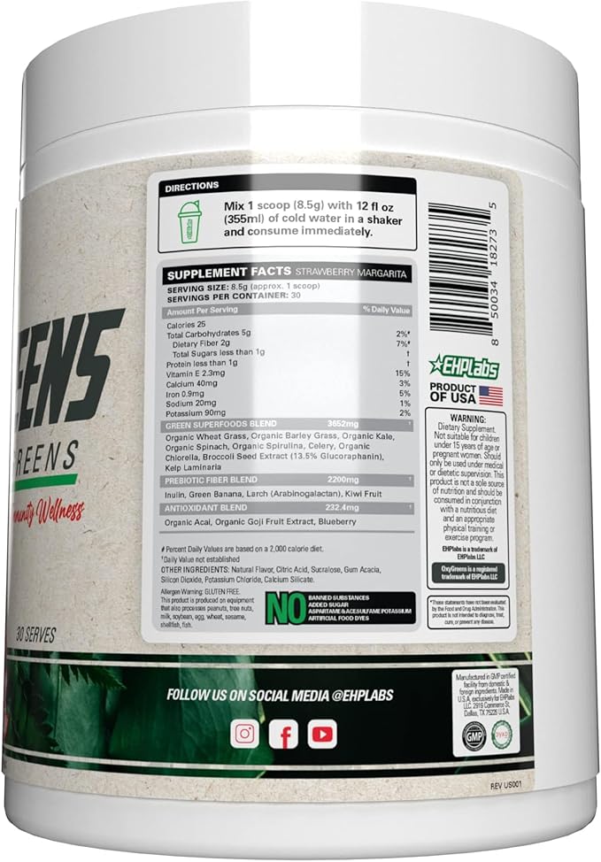 EHP Labs OxyGreens Super Greens Powder - Spirulina &amp Chlorella Superfood Green Juice Powder &amp Greens Supplements with Prebiotic Fibre Antioxidants &amp Immunity Support 30 Serves (Strawb.