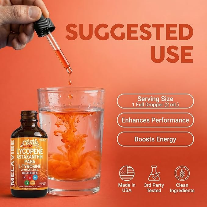 MelaVibe Astaxanthin Internal Tanning Liquid Drops Lycopene PABA L-Tyrosine Grape Seed Extract Vitamin a c d Drops VIT E AMLA Flax Seed Omega 3 Copper Peach Mango Flavor By Clean Nutra