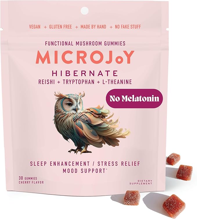 Microjoy Hibernate Gummies – Natural Sleep Aid with Reishi Mushroom – Stress Relief and Mood Support – Vegan Non-GMO Cherry Flavor (30 Gummies)