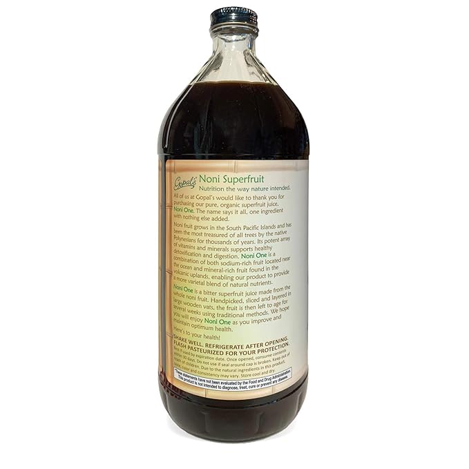 Noni One | 100% Pure Organic Noni Juice - 32oz Glass Bottle (1 qt) | Gluten-Free and Vegan Superfruit Supplement 30 grams of Noni Juice Per Serving Vitamin and Antioxidant Rich | Gopal's Healthfoods