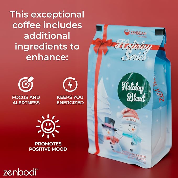 Zenbean Holiday Series Holiday Blend - Flavored Holiday Coffee Medium Grind Infrared Roasted Arabica Coffee Low Acid with Rhodiola Rosea and L-Theanine Makes 20 Servings 12 Ounce Bag