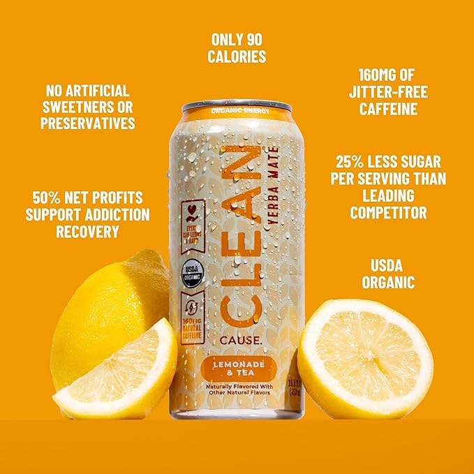 NEW! CLEAN Cause Lemonade &amp Tea and Mint &amp Honey USDA Organic Yerba Mate Tea (15.5oz cans 2-12-Pack Case) Non-Carbonated 160mg Caffeine