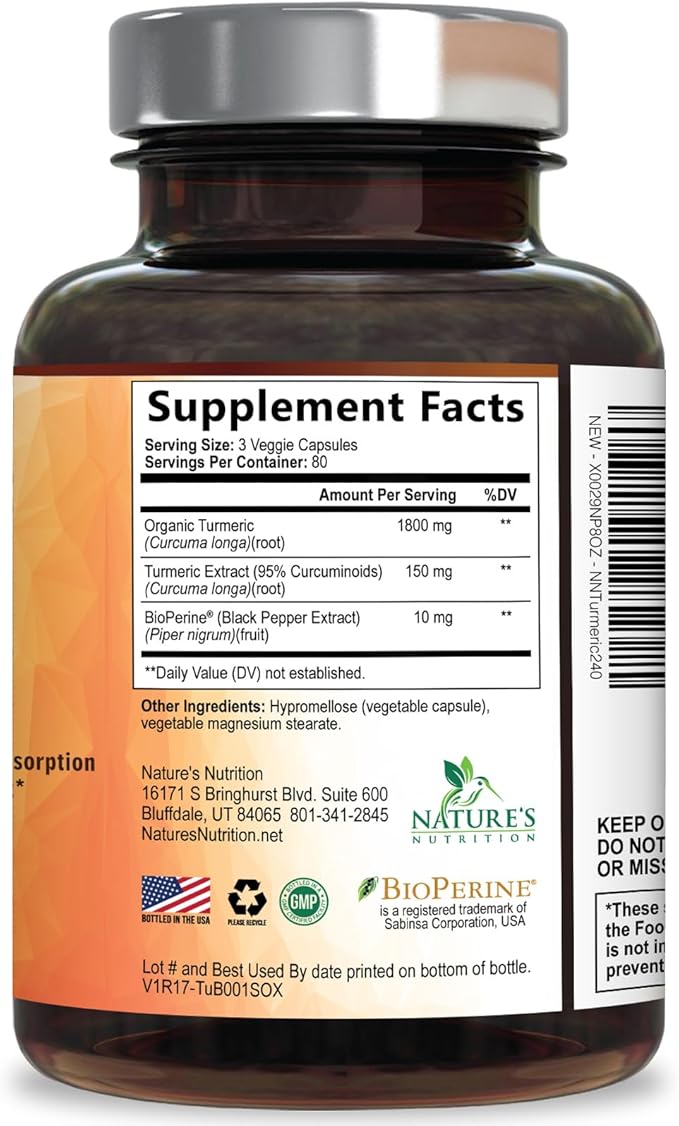 Turmeric Curcumin Supplement 95% Curcuminoids - 1800mg Organic Turmeric Per Serving - BioPerine Black Pepper Extract for Best Absorption Natural Joint Support Non-GMO Bottled in USA - 240 Capsules